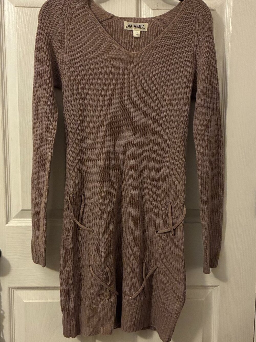 Say What? Ross Small Long Sleeve Taupe Sweater Dress
